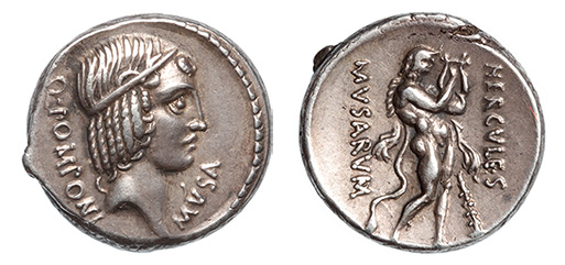 Q. Pomponius Musa, c.66 B.C.   Banti plate coin