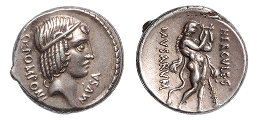 Q. Pomponius Musa, c.66 B.C. Banti plate coin