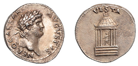 Nero, 54-68 A.D.  Rev. Temple of Vesta